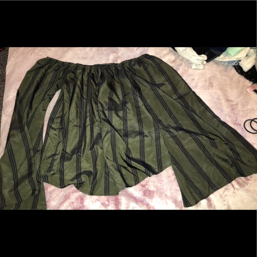 Green and black striped off the shoulder top